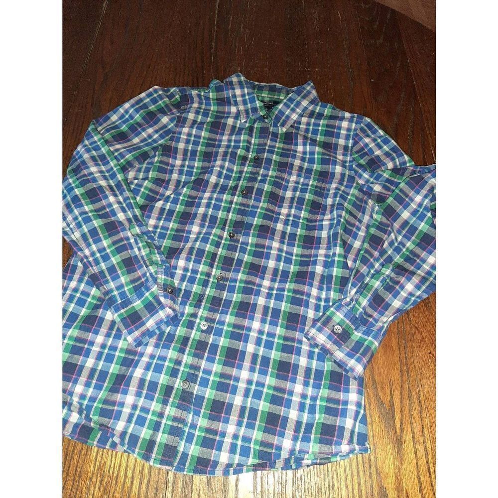 Small Gap Boyfriend Fit Long Sleeve Button Front   Blue Pink Green Plaid Shirt